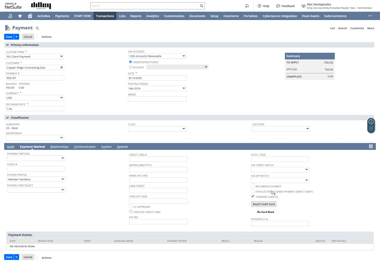 A NetSuite payment record with PayGen fields: PayGen profile, card selection, tokenize card option and payment events log
