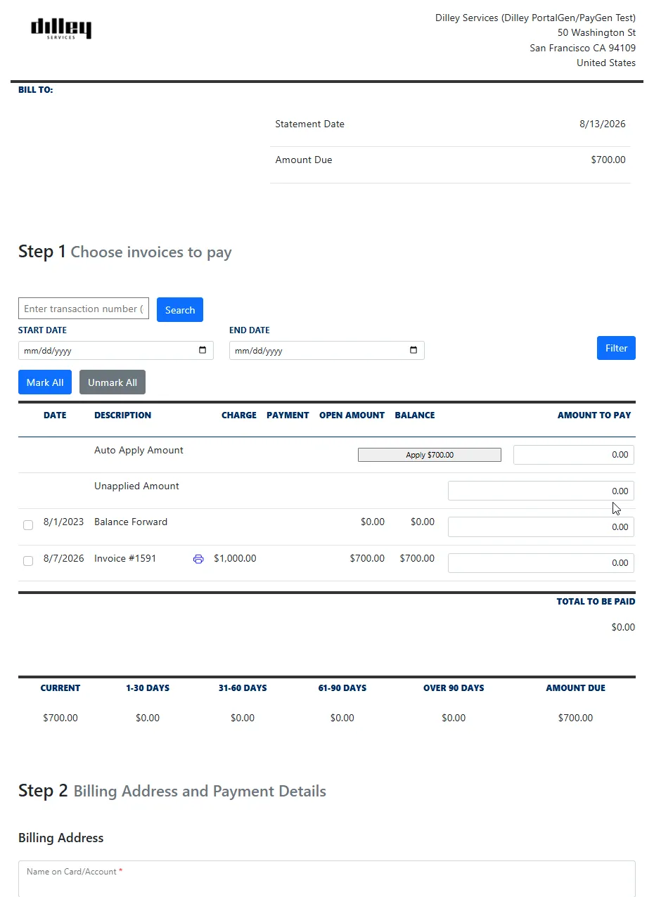 PayNow statement page: choose invoices to pay, auto-apply the amount due, with an aging summary from current to over 90 days