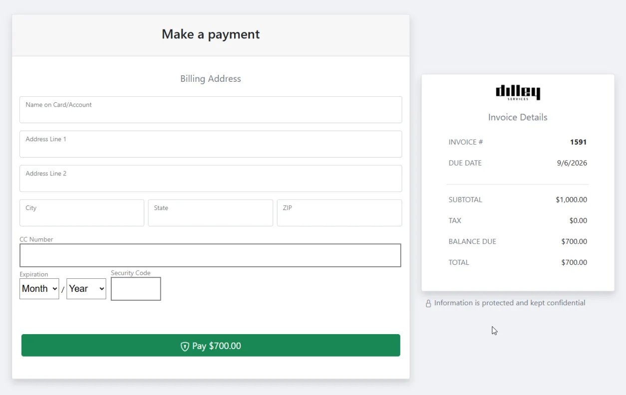 A branded PayNow hosted payment page showing invoice details, billing address fields and a Pay $700.00 button