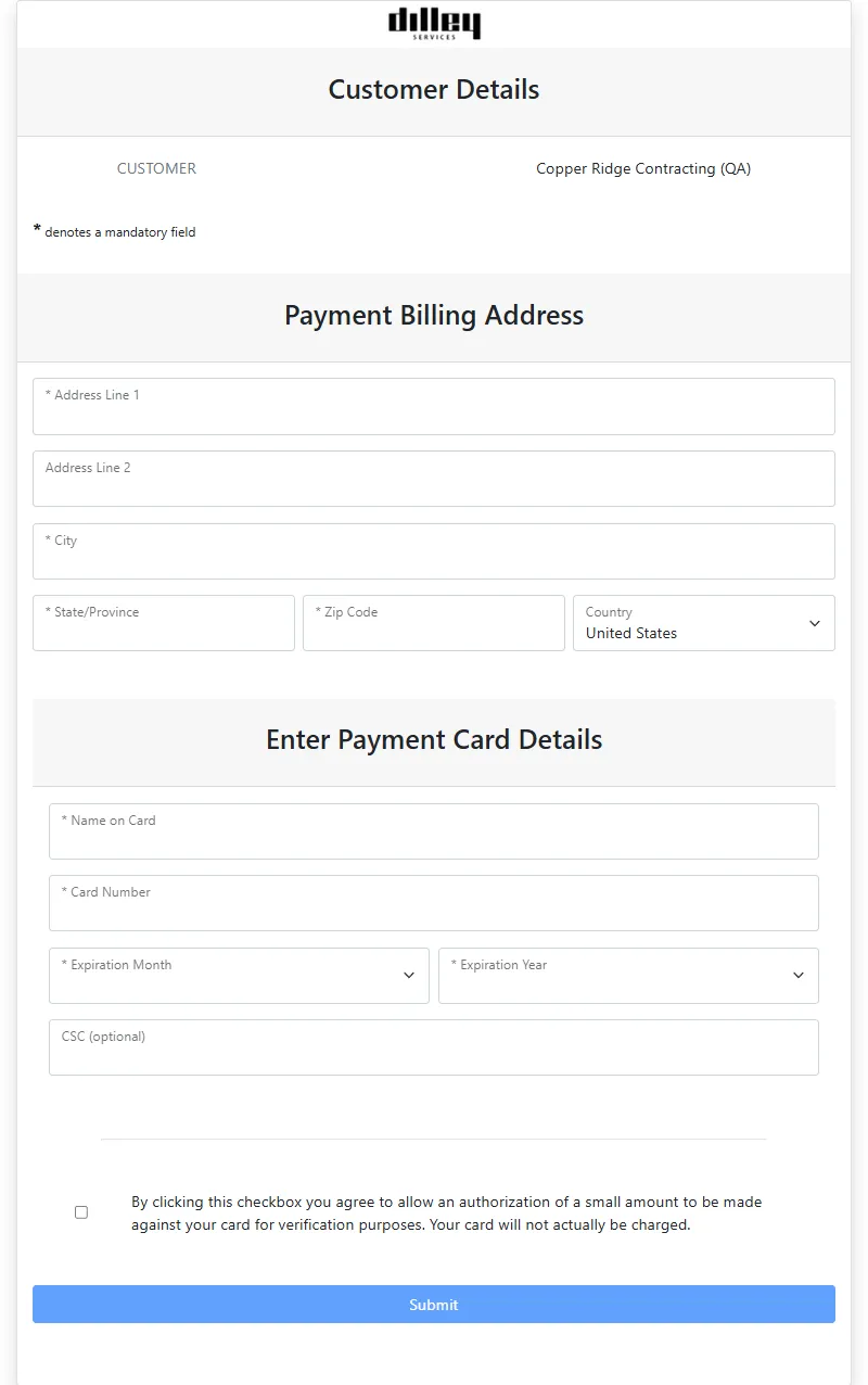A hosted quick bill form collecting billing address and card details, with a small verification authorization checkbox before submit